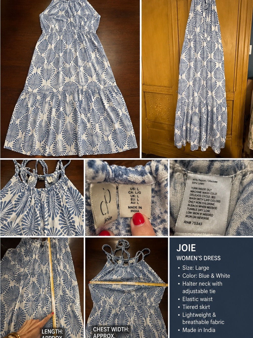 Joie Blue White Linen Blend Halter Midi Dress Tiered Large Resort Beach - Picture 2 of 7